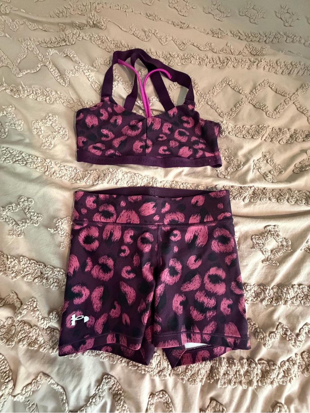 Under Armour Purple and Pink Leopard Athletic Bra & Shorts Set